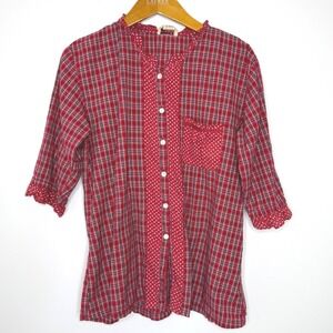 Vintage April Cornell Red plaid/polka dot button front‎ top Small